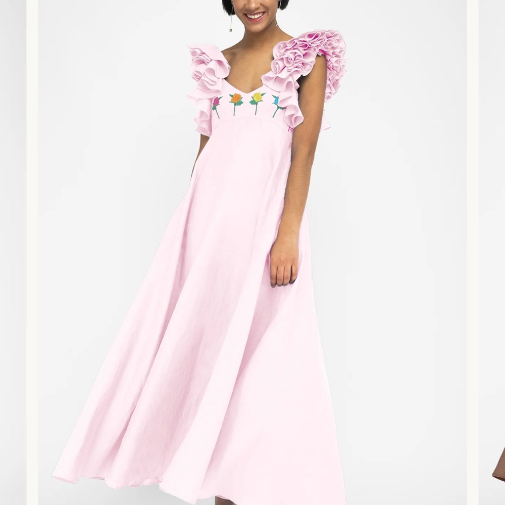 Fanm Mon Pink Floral Ruffle Maxi Dress